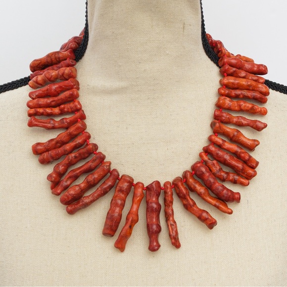 Red branch coral statement necklace hand knotted branch twig & sterling silver - Picture 1 of 14